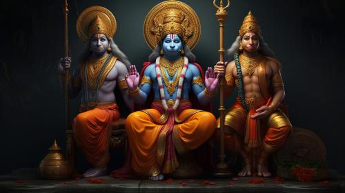 lord Rama with lord hanuman and maa Sita together...show lord hanuman on his knees and respecting lord rama with hands folded out of devotion and show maa sita offering blessings to lord hanuman