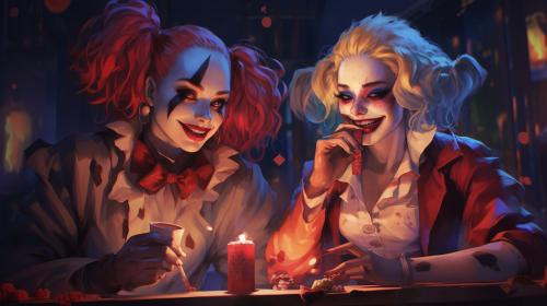 Harley quinn and pennywise the clown smoking and drinking in a club
