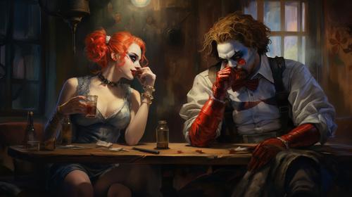 Harley quinn and pennywise the clown smoking and drinking in a club
