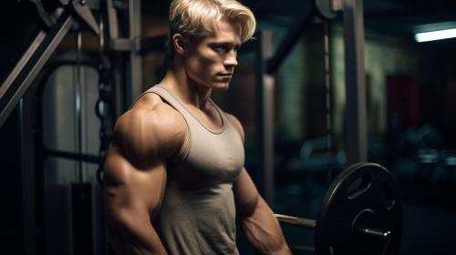 Handsome toned guy training in the gym. Blonde hair and without shirt. 