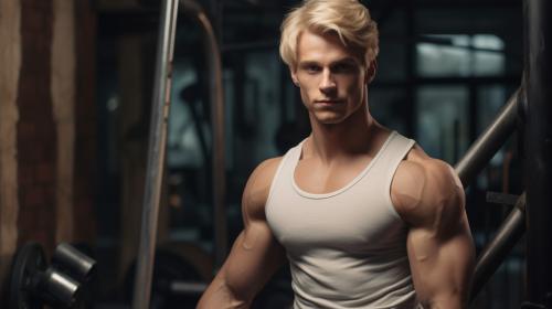 Handsome toned guy training in the gym. Blonde hair and without shirt. 