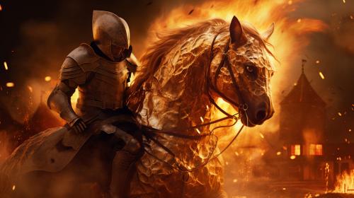 Evil fire cat tries attacking a village only to be stopped by a horse riding gold armoured man with a hologram shield
