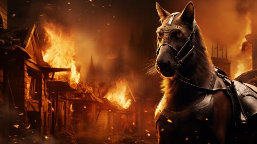 Evil fire cat tries attacking a village only to be stopped by a horse riding gold armoured man with a hologram shield
