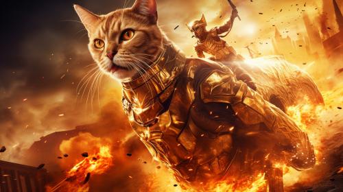 Evil fire cat tries attacking a village only to be stopped by a horse riding gold armoured man with a hologram shield
