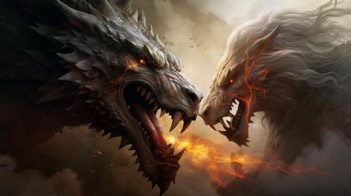 A brutal and  fight between a giant wolf an a dragon