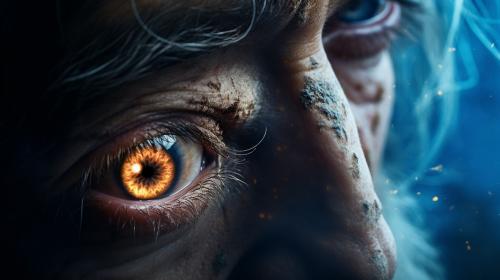 Wizard , ancient , Rough , cinematic , shinning eye, smoke , blue light in eye