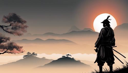 Lonley samurai standing on hill with rising sun behind him