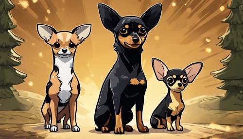 black and tan miniature dachshund in anime form standing next to a light brown deer headed chihuahua also anime form