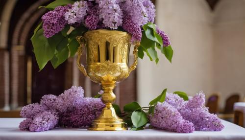 A gold vase with a lilac flower decorating an evangelical church