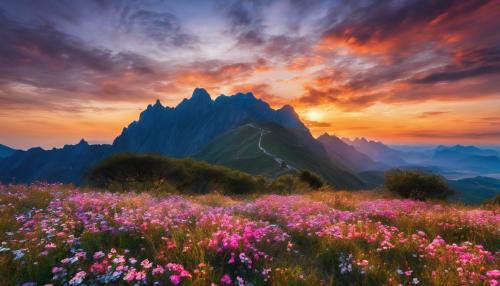 Breathtaking landscape, at sunset and with ype flowers