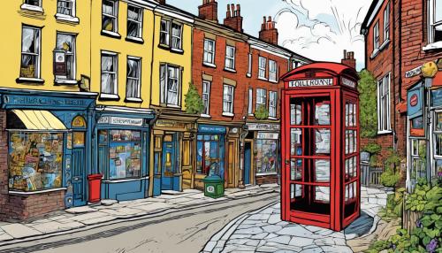 English town, main street, phone box