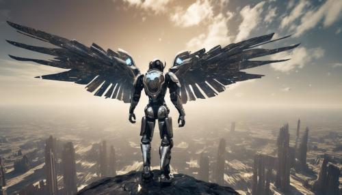 A male gothic angel robot with two wings looking down on a futuristic damaged earth  