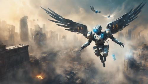 flying robot angel with two wings escaping from the smoky damaged city and robot police