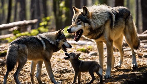 An adult wolf with its pup growling together while hunting in the Woods with other Wolves in the backround