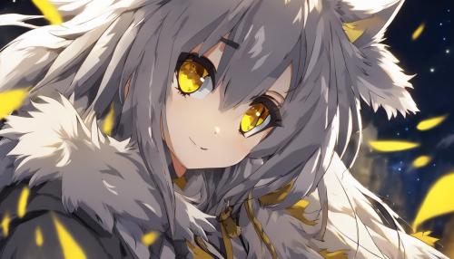 an wolf girl, having Yellow eyes and ears, Sharp teeths and fluffy tail