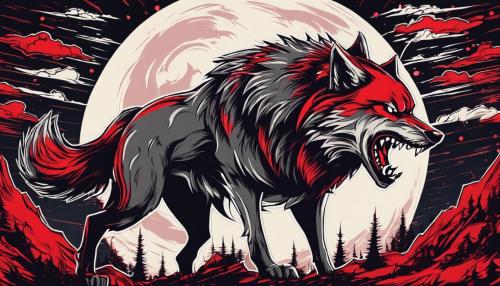 Huge angry wolf, growling under the red moon with red eyes