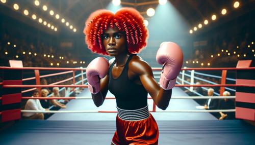 black boxer woman with blackpool red hair, with pink gloves in a ring