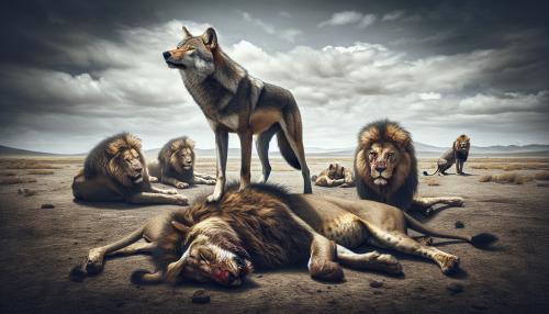 A Lone wolf standing on top of a pack of defeated lions