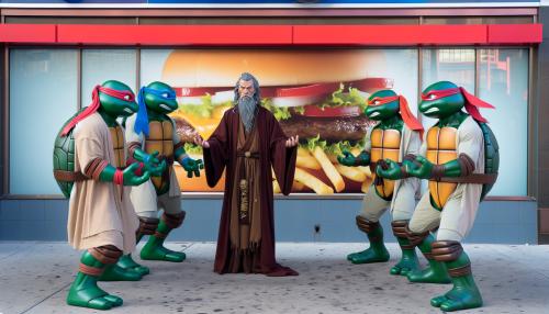 The Ninja Turtles fighting Jesus outside an In n Out restaurant