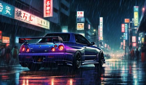 a close up image of a nissan skyline r34 driving throught the streets of tokyo. it is raining and it is night time.