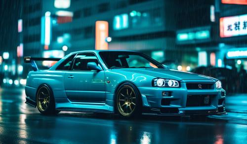 a close up image of a cyan nissan skyline r34 with camber driving through the streets of tokyo. it is night time and it is raining.