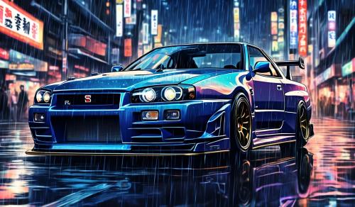 a close up of a nissan skyline r34 driving through the streets of tokyo. it is night time and it is raining.