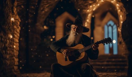 un mago de la edad media en un castillo feudal frente a la luna llena con una guitarra electrica mientras rayos salen de su cuerpo y recruben la guitarra