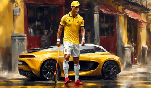 cristiano Ronaldo lavando autos, vestido de polo color amarillo y gorra roja