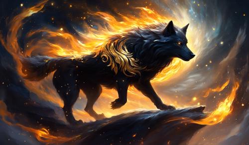 Flame wolf who is half black and half gold