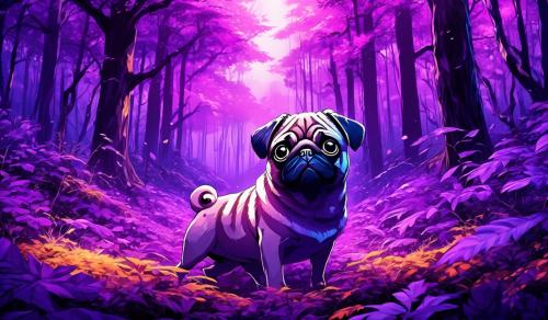 Pug in purple forest