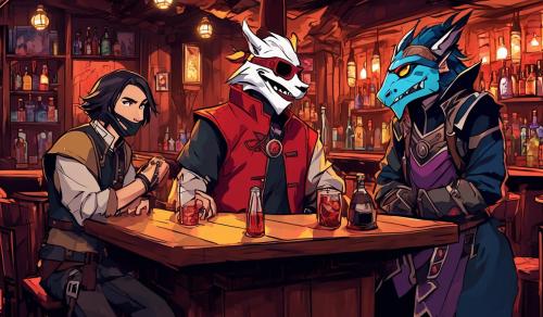 Dungeons and dragons saloon with percy from Vox Machina wearing his mask and the random dragonborn walking in with husker from Hazbin Hotel at the bar