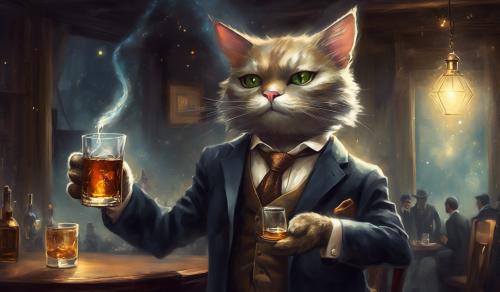 Mistic anthropomorphic cat wearing suit slinging whiskey during the great depression