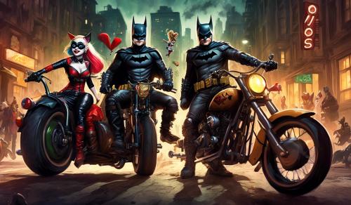 Robin and Batman high on stoned as hell with joker and Harley Quinn on a motorcycle and puss in boots 