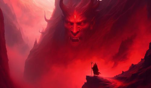 satan in red fog next to fleshy cliff