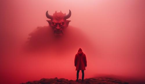 giant devil face in red fog with person standing on fleshy cliff in front