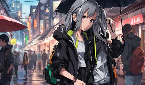 girl with ponytail : hair is until the stomach, wearing a croptop black jacket with hoodie with high waist bagger gray pants: with a umbrella on: having headphone in the neck: walking in the street while looking at her phone