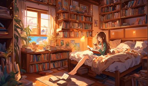 a girl immersed in reading books in her bedroom which is caramel or light brown in majority of colors