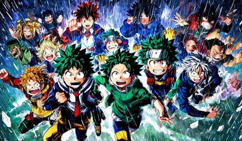 My Hero Academia all using their quirks in a cool way while under the rain as if they are defeating a villain.​                                   