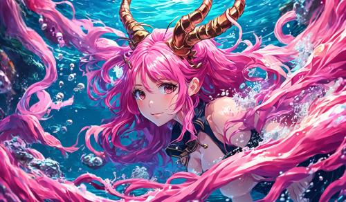 Pink hair girl with horns swimming