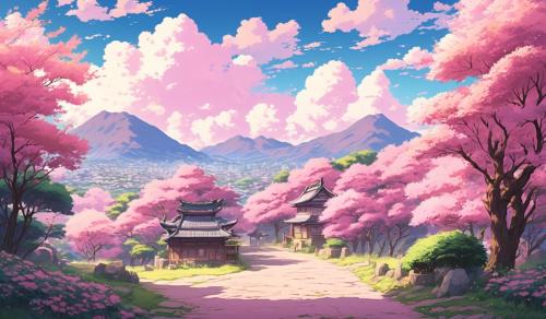 cozy gentle pink Ghibli landscape