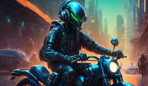 cybernetic android hybrid alien listening to music with on a motorcycle