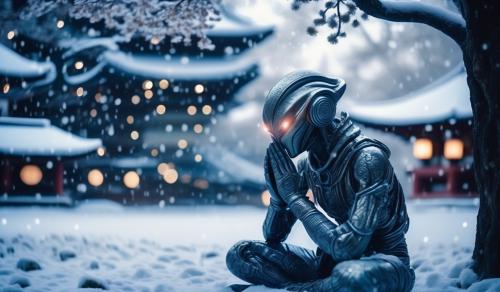 cybernetic android hybrid alien listening praying next to a tree nearby a Japanese prayer house in winter with snow and lights