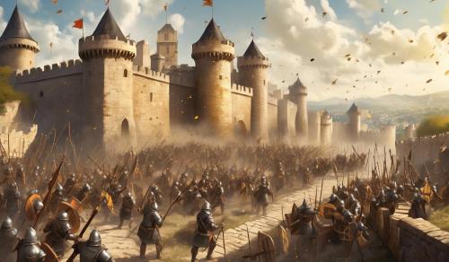 Siege of a great castle in the Middle Ages. There are catapults, hoods and ladders. Great walls, magnificent archers, armored infantry with shields are fighting. It's a sunny day during the day. There is chaos everywhere