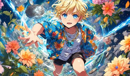 Blonde hair blue eye child with incredible gravitational powers using a floating atlas stone as a weapon wearing a floral shirt and shorts with a necklace 