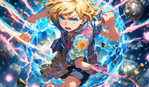 Blue eyed blonde hair child with incredible gravitational powers using a floating atlas stone as a weapon wearing a floral shirt, shorts and a necklace. Angry going max power unlocking full potential