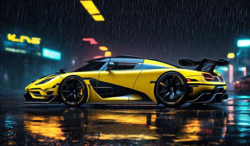 koenigsegg one 1. it is yellow and and black. the colors are mettalic. it is raining little bite. ultra realistic