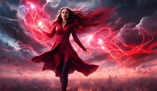 Evil Scarlet Witch on the sky showing her chaos powers