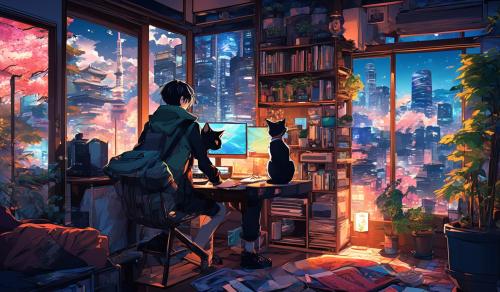 habitación japonesa moderna con un joven jugando al computador con un gato acostado con la ciudad de tokio de fondo 