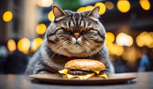 Fat cat eating a cheeseburger