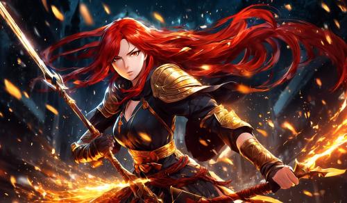 red haired warrior woman with determined golden Eyes fighting with a magical spear